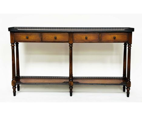HALL TABLE BY THEODORE ALEXANDER, French style mahogany, tooled leather and bronze mounted with gallery, and four short drawe