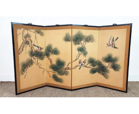 SCREEN, Chinese ebonised, painted silk and paper backed of four folding panels, overall 84cm H x 160cm. 