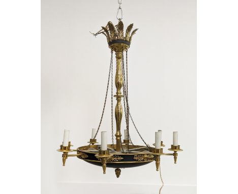 CEILING LIGHT EMPIRE STYLE, black metal and brass with acanthus leaf detail, 77cm W x 96cm H approx. 