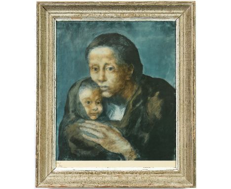 PABLO PICASSO, Mother and child, numbered pochoir in an edition of 500, 1963 suite: Rare Les Bleus de Barcelona, French vinta