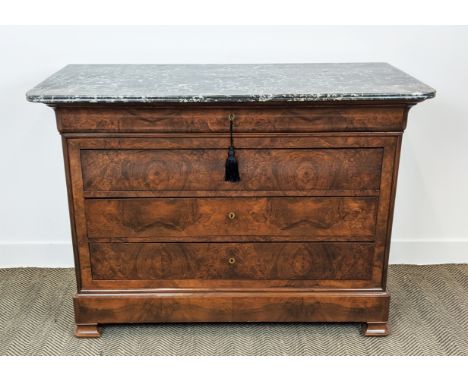 COMMODE, Louis Philippe walnut with grey marble top above four drawers, 97cm H x 130cm x 50cm. 
