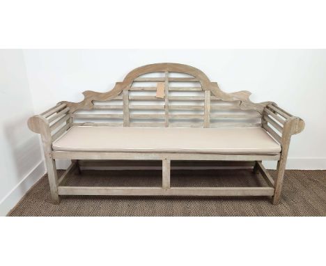 GARDEN BENCH, Lutyens style in weathered teak, 196cm L x 105cm H, with cushion. 