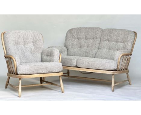 ERCOL SOFA AND ARMCHAIR, beech framed with Herringbone natural linen upholstery with button backs, both 84cm H, sofa 144cm W,