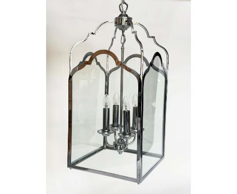CHANDELIER, Georgian inspired chrome with glazed panels and arched side with four-light pendant, 76cm H x 35cm W. 