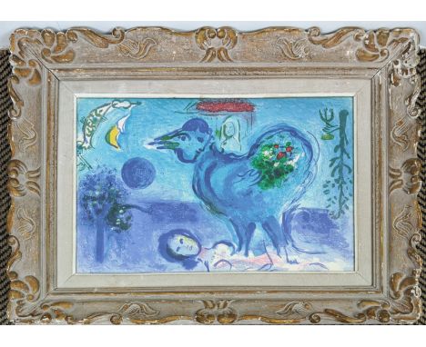 MARC CHAGALL, image 37cm, original lithograph, paysage au coq, ref Sur 4 Murs, 1958, printed by Maeght in a carved frame. 