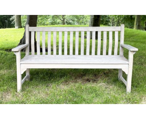 GARDEN BENCH, weathered teak of slatted construction with flat top arms, 158cm W. 