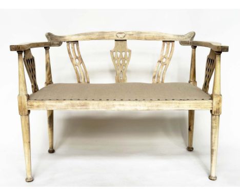 HALL BENCH, early 20th century Edwardian fruitwood and inlaid with brass studded velvet upholstered seat, 106cm W. 