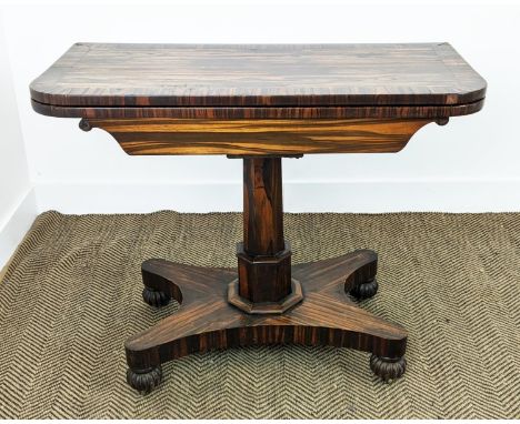 CARD TABLE, Regency coromandel with green baize foldover top and brass castors, 74cm x 91cm W x 45cm D. 