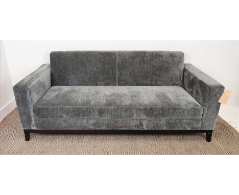 SOFA, contemporary design, grey fabric upholstered, ebonised supports, 200cm x 80cm x 90cm. 