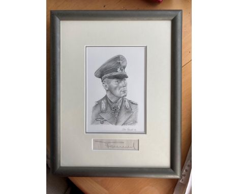 WW2 FM Erwin Rommel signature piece mounted below an ORIGINAL Stephen Teasdale drawing of the legendary Desert Fox. Nicely fr