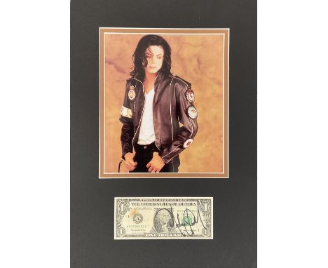 Michael Jackson (1958 2009) American Singer Signed One Dollar Note Overmounted Beneath Colour Photo 12x17 Display. Good condi