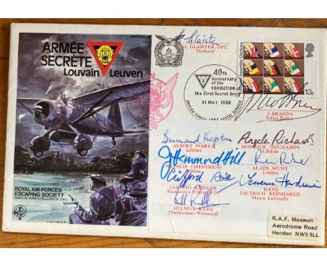 Secret Army TV series multiple Signed First Day Cover. Was actually flown in the RAF Lysander, as pictured. The cast had a re