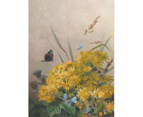 Early 20th Century School, a scene of butterflies around wildflowers, oil on board, indistinctly inscribed verso, image size 