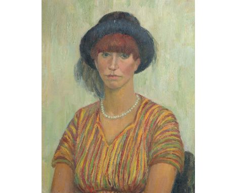 Attributed to Lorna Rowland, A portrait of a woman wearing a blue hat and stripped blouse, oil on canvas laid on board, 19.75