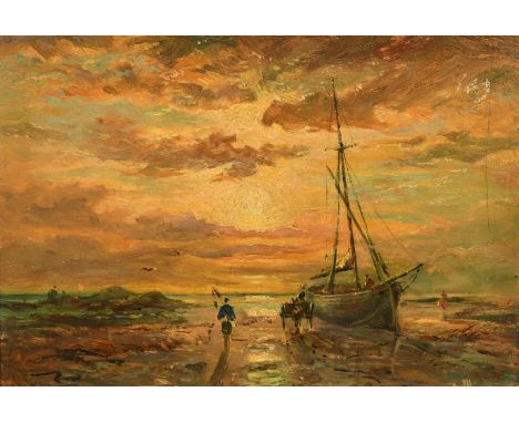 19th Century English School, figures by a beached boat at dusk, oil on panel, indistinctly signed with initials and also insc