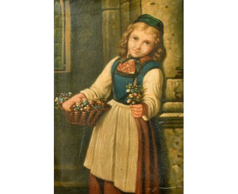 19th Century English School, a study of a young girl holding flowers, oil on panel, 9" x 6" (23 x 15cm).