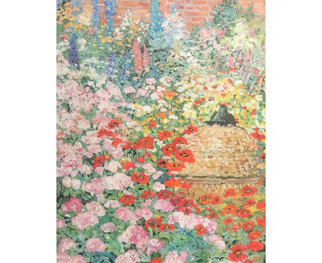 Loes Agoust (20th Century) 'The good neighbours hive', a garden in bloom with a hive, oil, inscribed and signed in pencil,  9