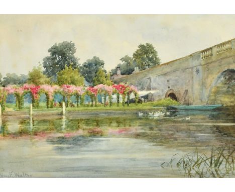 May E. Walter (19th/20th Century) British, swans gathered by formal garden on the Thames, watercolour, 9" x 12.5".