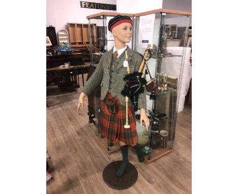 VINTAGE CHILD MANNEQUIN WITH HIGHLAND DRESS & BAGPIPES