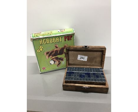 VINTAGE WIND UP ACROBAT PUP IN ORIGINAL BOX BY JAMINA & ALPHABET STAMPS