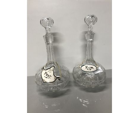 PAIR VINTAGE DECANTERS WITH RUM & PORT LABELS