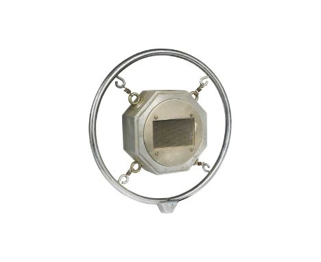 A public address microphone by M. R. Supplies, London, 1930s, the microphone suspended via four springs to a chrome outer rin
