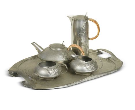 Archibald Knox for Liberty & Co., a model 0231 five-piece Tudric pewter tea service, comprising a teapot, sucrier, creamer, c
