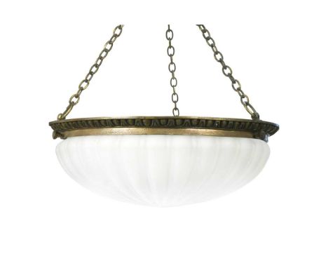 An Art Deco brass and opaline glass plafonnier, the brass ring cast with egg and dart motif suspending a fluted glass bowl47c