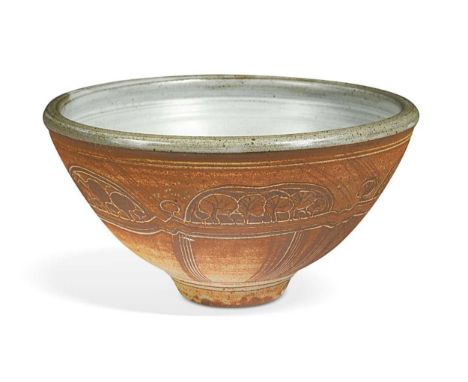 § Michael (Mick) Casson OBE (1925-2003), a large stoneware footed bowl, the dry ash glazed body incised with wavy 'treeline' 