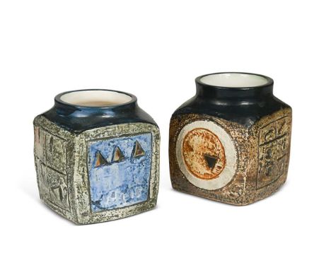 Alison Brigden for Troika, a cube-form marmalade jar, each facet incised and embossed with geometric motifs, painted marks to