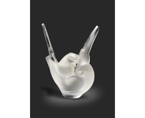Sylvie, a Lalique frosted glass vase, circa 1980s, modelled as two intertwined doves and with original glass flower frog inse