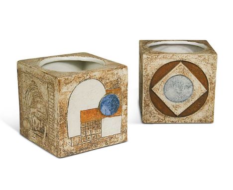 Sue Kewell for Troika, two cube-form vases, each with incised and embossed geometric decoration over a mottled buff ground, p