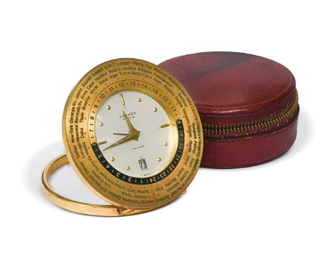 Hermes, an eight-day travelling clock, 1960s,  gilt dial within a bezel inscribed with cities around the world, with hinged s