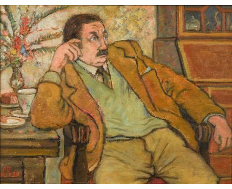 § Peter Samuelson (1912-1996)  Gentleman in an interior signed and dated '88 / R3T39' (lower left) oil on board 34.5 x 45cm  