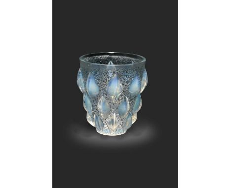 Rampillon, an R. Lalique opalescent and frosted glass vase, model no. 991, designed in 1927, of tapered form, the etched and 