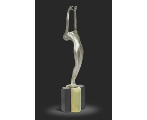 Josef Lorenzl (1892-1950), an Art Deco silvered bronze model of a dancing female nude, mounted to an onyx and polished slate 