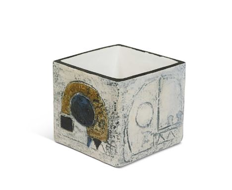 Ruth Larratt for Troika, a cube-form vase, incised and embossed geometric decoration over a mottled green ground, painted mar