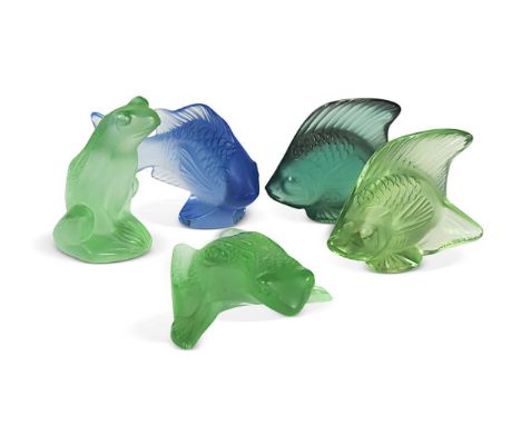 Poisson, two Lalique frosted and polished glass seals, modelled as Angel Fish, respectively in teal and green, 5cm high; toge