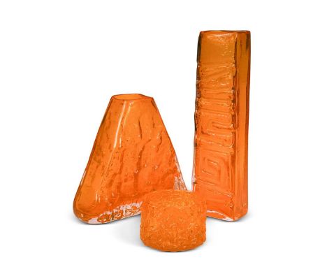 Geoffrey Baxter for Whitefriars, a group of three tangerine glass vases, to include: a triangular form 'bark' vase, circa 196