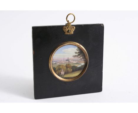 A LATE VICTORIAN MINIATURE PAINTED PORCELAIN PLAQUE probably depicting a view of Worcester with the cathedral & townscape & t
