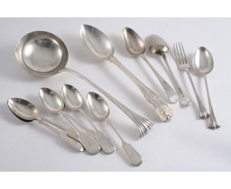 A MIXED LOT OF FLATWARE & CUTLERY: A Victorian Onslow pattern soup ladle by T. Bradbury & Sons, Sheffield 1912, a Victorian K