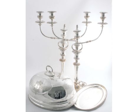 PLATED WARE: A pair of Old Sheffield plated three-light candelabra with reeded branches & part fluted baluster columns, crest