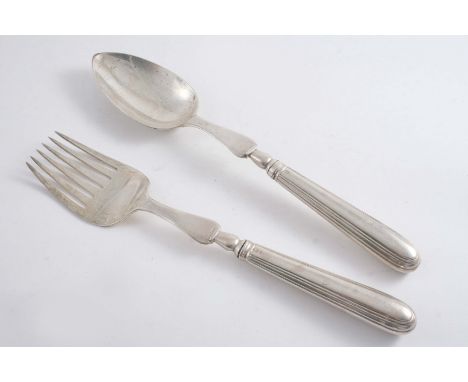 A GEORGE III SERVING SPOON & FORK with Old English Thread pattern handles, by Thomas Barker, London 1809 (the handles by Mose