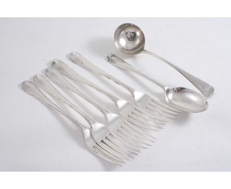 A SET OF FIVE GEORGE III TABLE FORKS single-struck Bead pattern, by Messrs. Eley, Fearn & Chawner, London 1808, a George III 