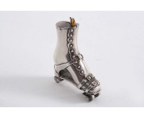 A RARE VICTORIAN NOVELTY VESTA CASE & SLOW MATCH HOLDER COMBINED in the form of a high buttoned boot with a strap-on roller s