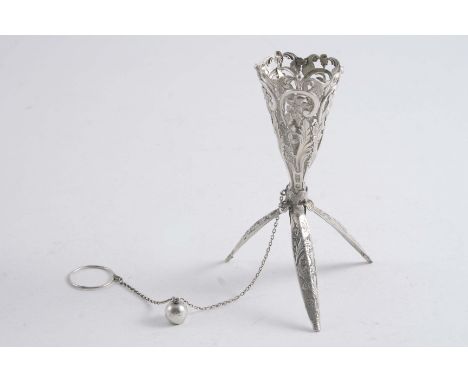 AN EARLY VICTORIAN POSY HOLDER with pierced & enclosed floral decoration, a finger ring, a ball end cap & three spring-loaded