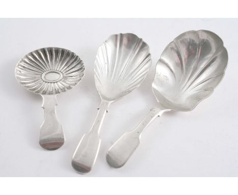 THREE EXETER-MADE FIDDLE PATTERN CADDY SPOONS: One by Joseph Hicks 1829, one by James & Josiah Williams (of Bristol) 1854 & o