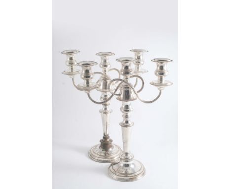 A PAIR OF PLATED THREE-LIGHT CANDELABRA in round bases;  15.75"  (40 cms) high  (2)