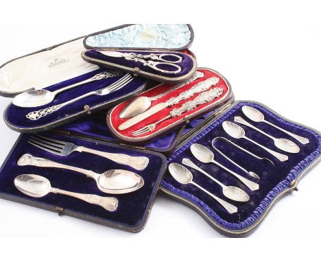 FIVE VARIOUS CASED SETS; A pair of Victorian grape shears, a Victorian child's knife, fork & spoon set, an Edwardian spoon & 