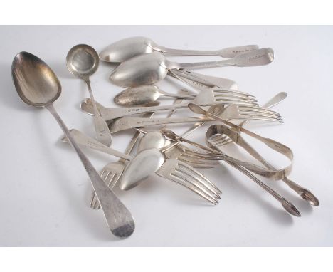 MIXED FLATWARE: A George III Old English pattern basting spoon, initialled, four George III table forks, crested, three antiq